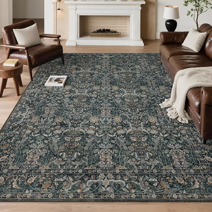 Washable Living Room Rug: 5x7 Boho Floral Soft Area Rug for Bedroom Decor - Vintage Low Pile Thin Carpet for Dining Room Non-Slip - Farmhouse Stain Resistant Rugs - Dark Green