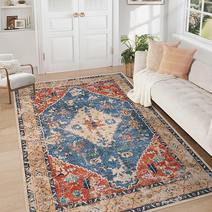 Area Rug 5x7 Washable Rug, Vintage Boho Medallion Rugs Non-Slip Soft Low Pile Large Distressed Rug Indoor Retro Carpet for Living Room Bedroom Dining Room Home Office (Tribal Medallion/Multi, 5'x7')