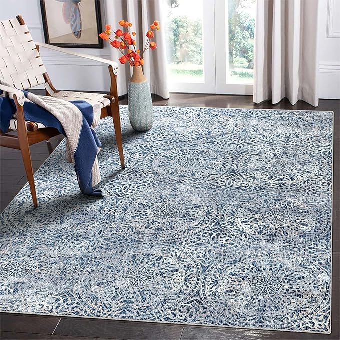 vivorug 3x5 Rug, Small Area Rug for Living Room, Bedroom, Kitchen, Machine Washable Non-Slip Throw Rug, Vintage Medallion Carpet for Entryway Nursery Coffee Table - Durable (Blue)