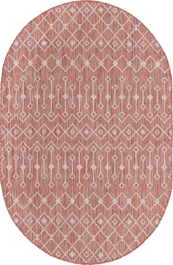 Unique Loom Outdoor Trellis Collection Area Rug - Tribal Trellis (5' 3" x 8' Oval, Rust Red/ Ivory)