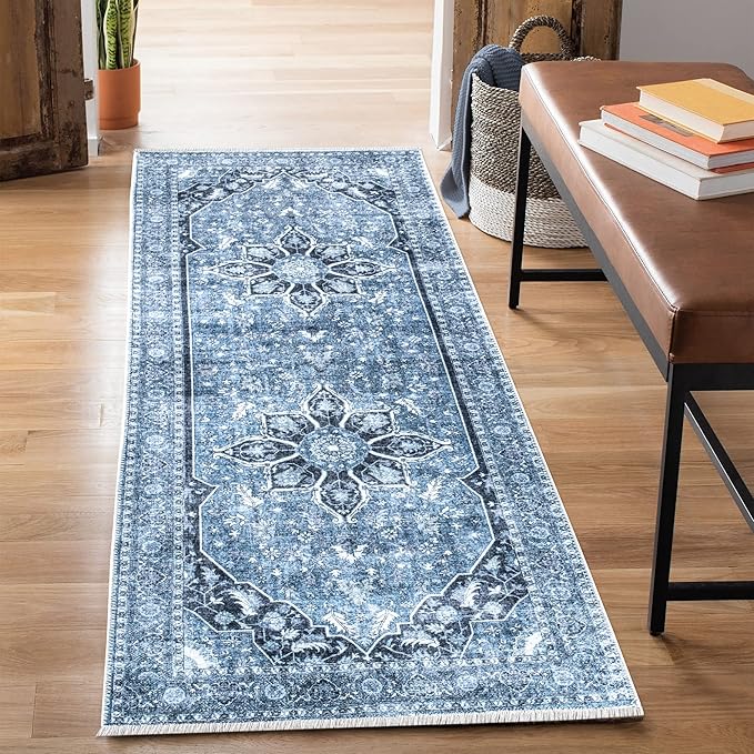Bloom Rugs Caria Washable Non-Slip 7 ft Runner - Blue/Charcoal Traditional Runner for Entryway, Hallway, Bathroom, and Kitchen - Exact Size: 2'6" x 7'