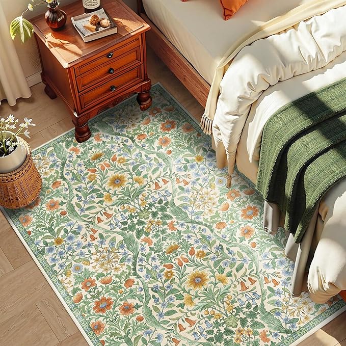 3x5 Grass Green Boho Floral Vintage Area Rug,Soft Lightweight Low Pile Non-Shedding Carpet,Machine Washable Stain Resistant & Non-Slip for Entryway,Bedroom, Kids Room,Living Room