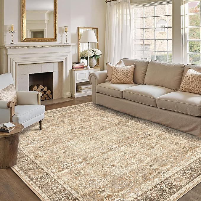 8x10 Washable Area Rug Beige Vintage Rug for Living Room Bedroom Low Pile Soft Non-Slip Boho Rug for Under Table Boho Distressed Retro Carpet for Bedroom Kitchen Office Dining