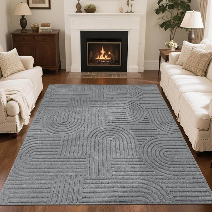 SHACOS Soft Fluffy High Low Pile Arch Pattern Area Rugs 5'3"x7'3" Non Slip Washable Modern Geometric Rug Stain Resistant Carpet for Living Room Bedroom Dining Room Nursery, Grey