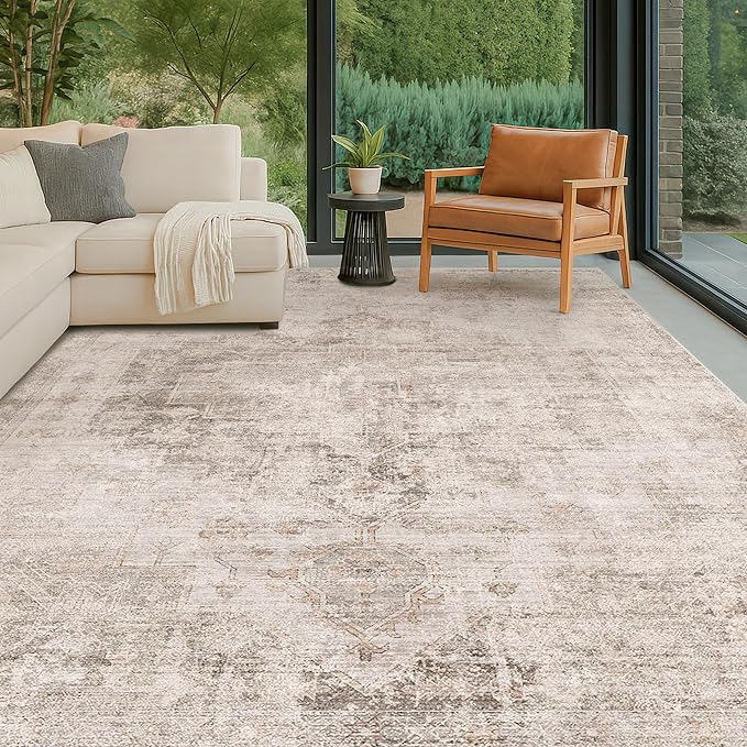 Beige & Brown 5x8 Area Rugs for Bedroom - Abstract Distressed Farmhouse Rug for Living Room, Home Office, Foyer, Kitchen Table, Foldable Soft Washable Low Pile Non Slip Stain Resistant