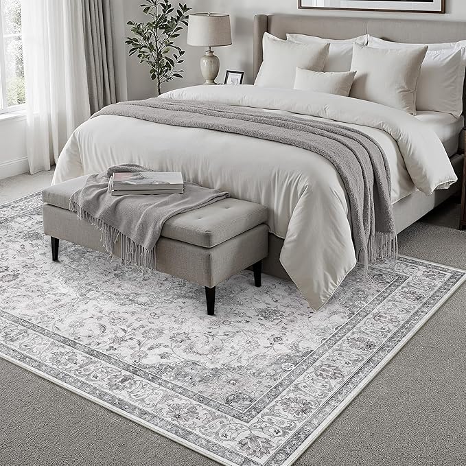 HUGEAR Area Rug 8x10 Vintage Grey Machine Washable Living Room Rugs Thin Neutral Floral Vacuumable Low Pile Carpet Bedroom Office Dining Room Laundry Room Non Slip Soft Lightweight