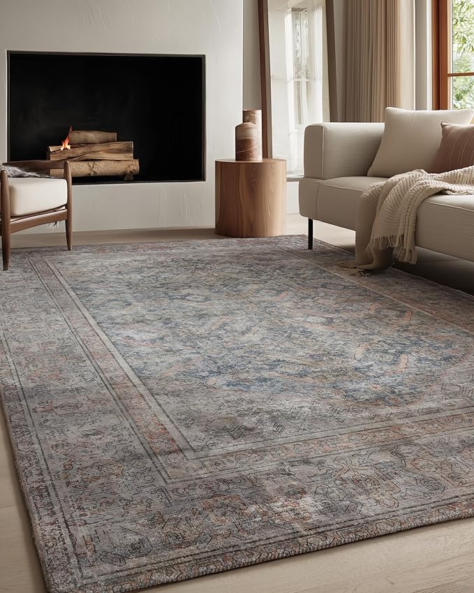 Kuden 8x10 Large Area Rug, Machine Washable Area Rug with Non-Slip Backing, Vintage Style, Soft, Easy Clean, Low Pile Rug for Living Room, Bedroom, Dining Room