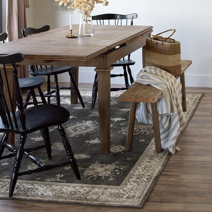 RUGGABLE Washable Vintage Area Rug – Verena Dark Wood 6x9, Stain-Resistant, Non-Slip – Medium Machine Washable Rugs for Living Room, Bedroom, Hallway, Entryway & Office–with Standard Pad