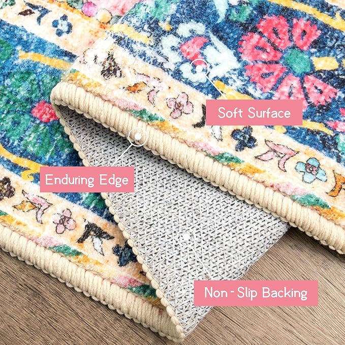 Area Rug 6x9 for Living Room Pink Boho Rug Vintage Rug Non-Slip Washable Low Pile Foldable Large Rugs for Bedroom Dining Room Indoor Floor Carpet
