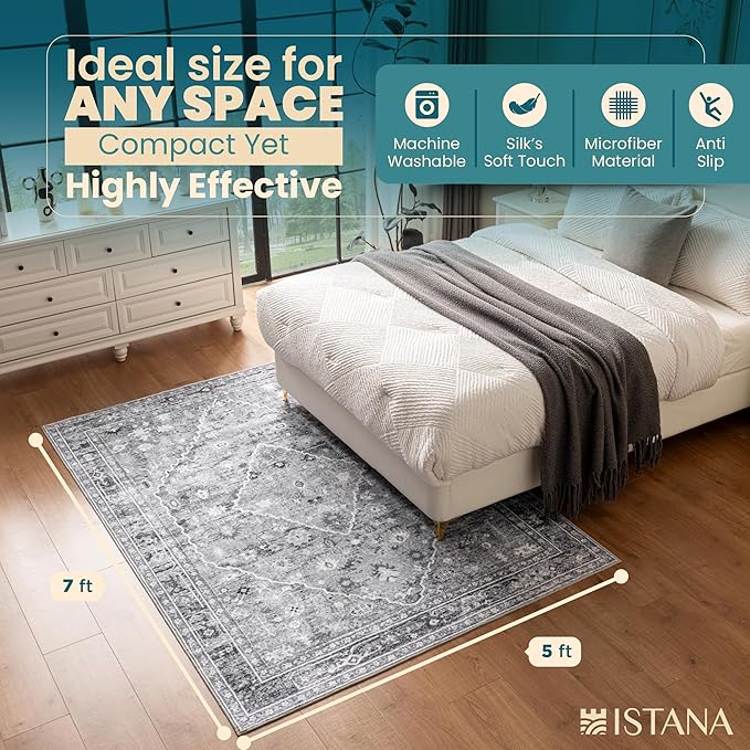Istana 5x7 Area Rug - Grey Rugs for Living Room 5x7 - Foldable Rugs for Bedroom - Stain Resistant Washable Rug - Eco-Friendly Boho Area Rugs - Easy to Clean Living Room Rug
