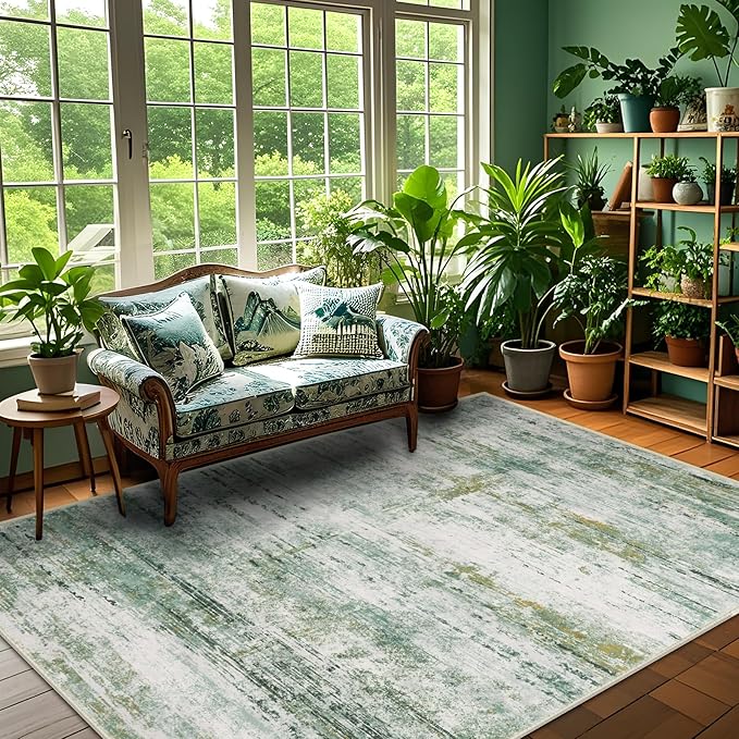 5x7 Abstract Area Rugs for Living Room, Modern Washable Indoor Rug for Bedroom, Thin Soft Large Non-Slip Carpet for Dining Room Home Office Farmhouse Decor - Abstract Army Green