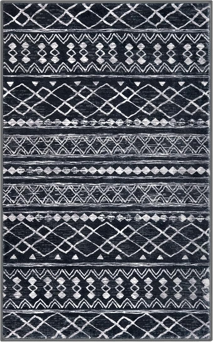 KUTA Moroccan Boho Entryway Rug, 2x3 Black Entrance Small Area Rug Non-Slip Washable, Ultra Soft Vintage Geometric Low-Pile Indoor Door Mat Floor Carpet for Kitchen