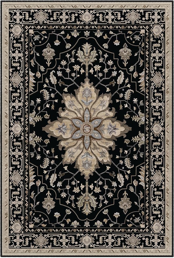 Area Rugs 4'x5' Washable Non-Slip, Floral Vintage Distress Print Pattern Medallion Carpet for Living Room Bedroom Dining Room, Black Brown Neutral Dark Tan
