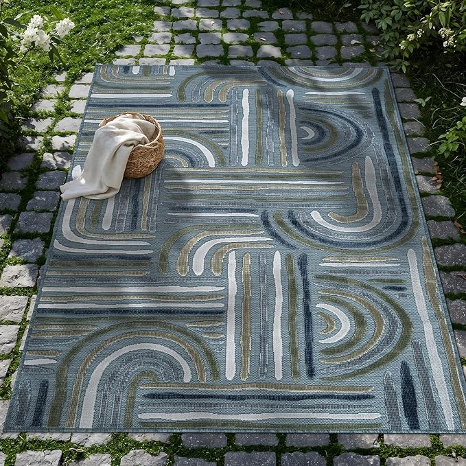 CAMILSON Indoor Outdoor Rug, Aqua 5x7 Geometric Arch Striped Area Rugs for Patio and Home Areas, Easy-Cleaning Non-Shedding Living Room, Garden and Deck Washable Outside Carpet (5 x 7)