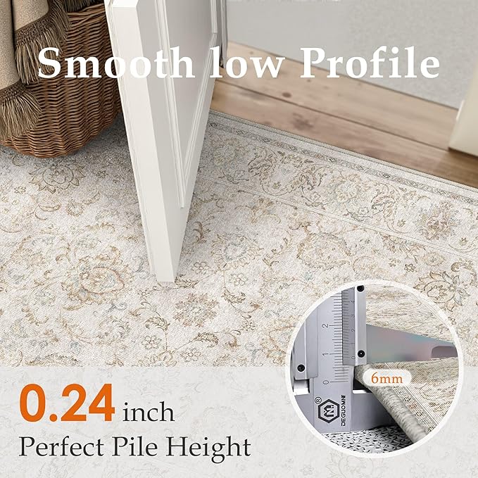 HUGEAR 2x6 Machine Washable Hallway Runner Rugs Vintage Grey - Neutral Non Slip Stain Resistant Low Pile Aesthetic Throw Carpet Kids & Pet Friendly for Bedroom Kitchen