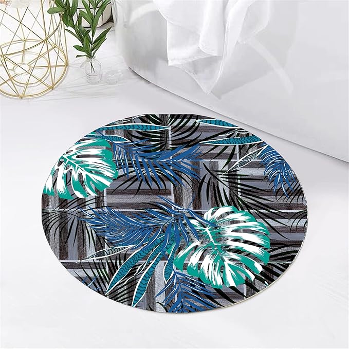 Round Area Rug 5ft - Abstract Palm Leaf Pattern, Non-Slip Machine Washable Low Pile Carpet for Bathroom, Living Room, Bedroom, Entryway, Durable Indoor Floor Mat