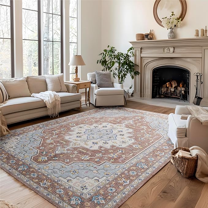 Bedsure 8x10 Area Rugs for Living Room, Machine Washable Rugs, Non-Slip Backing, Non-Shedding, Vintage Low Pile Easy Care Throw Carpet for Bedroom Dining Room, Taupe