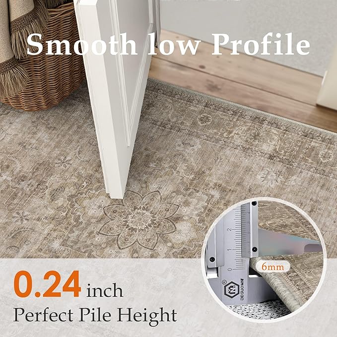 HUGEAR Washable 2x3 Entryway Area Rugs Retro Brown Small Vintage Distressed Non Slip Stain Resistant Low Pile Neutral Throw Carpet for Bedside Kitchen Entryway Home Decor