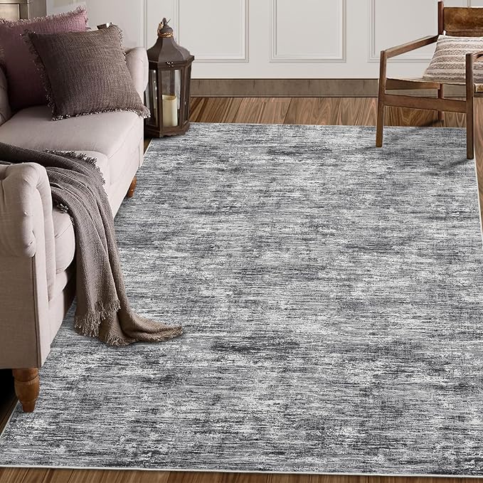 RUGSREAL Area Rug 5x7 Machine Washable Area Rug for Living Room Non-Slip Stain Resistant Modern Abstract Bedroom Rug Contemporary Solid Throw Rug Foldable Floor Carpet for Dining Room, Ivory/Grey