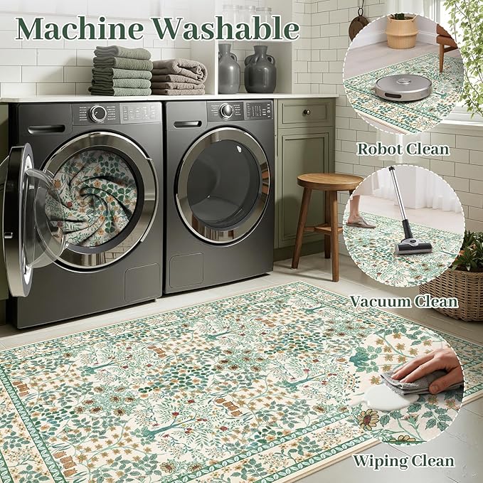 9x12 Area Rug Living Room Rug - Floral Vintage Forest Washable Carpet, Low Pile Non-Slip Stain Resistance Boho Soft Large Carpet for Bedroom, Dining Room Under Table, Farmhouse (9'x12' Beige Green)