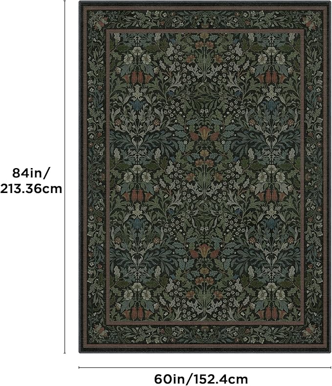 Bavni Floral Dark Green Area Rugs 5x7, Vintage Boho Carpet Machine Washable, Non Slip Soft Low Pile Thin Rug for Bedroom, Living Room, Dining Room, Nursery