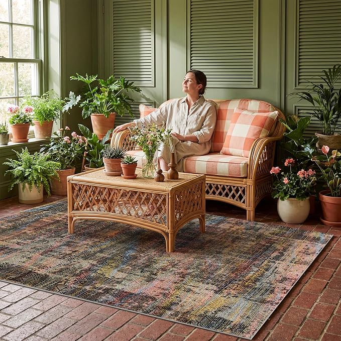 Kokia Abstract Area Rugs 8x10 Bedroom Soft Living Room Rugs Washable Distressed Vintage Comfy Brown Yellow Carpet with Non-Slip Backing for Farmhouse Home Office Room Decor, Oslo Fireworks