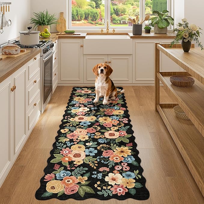 DUKINO 2x6 Runner Rug for Hallway, Washable Kitchen Rug with Non Slip Backing & Non-Shediing, Soft Low Pile Floral Design Runner for Bedroom, Kithchen, Living Room, Laundry, Bathroom, Navy Blue