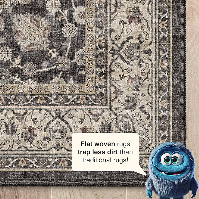 Well Woven Asha Rome Black 2'3" x 7'3" Runner Rug - Oriental Floral Pattern, Easy Clean, Floor-Friendly Backing - for Hallway, Entryway, and Kitchen