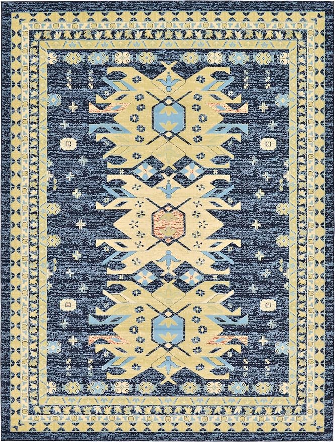 Unique Loom Taftan Collection Border Geometric Tribal Inspired Design Area Rug (9' 10 x 13' 0 Rectangular, Navy Blue/ Gold)