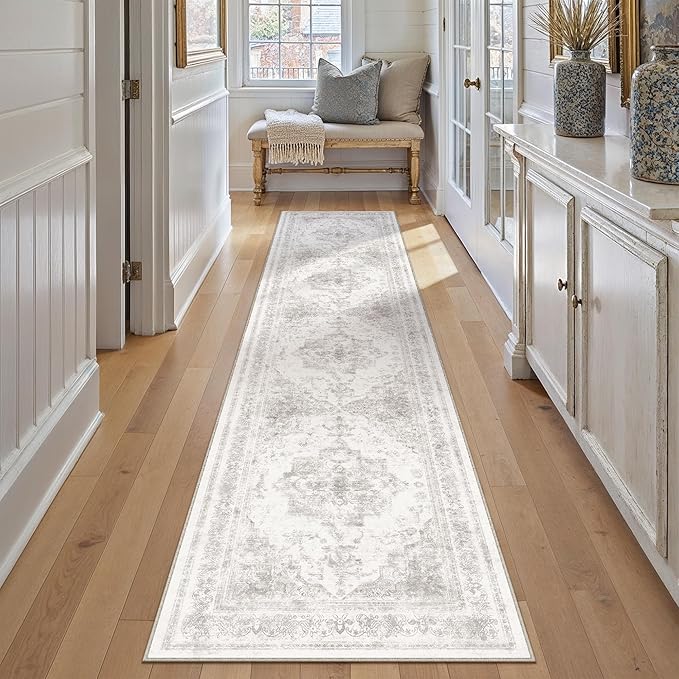 Runner Rug 2x10 Washable Light Gray Hallway Runner Vintage Boho Medallion Non Slip Grey Distressed Retro Carpet Indoor Low Pile Long Soft Rug for Kitchen Entryway Bedroom Bathroom Laundry