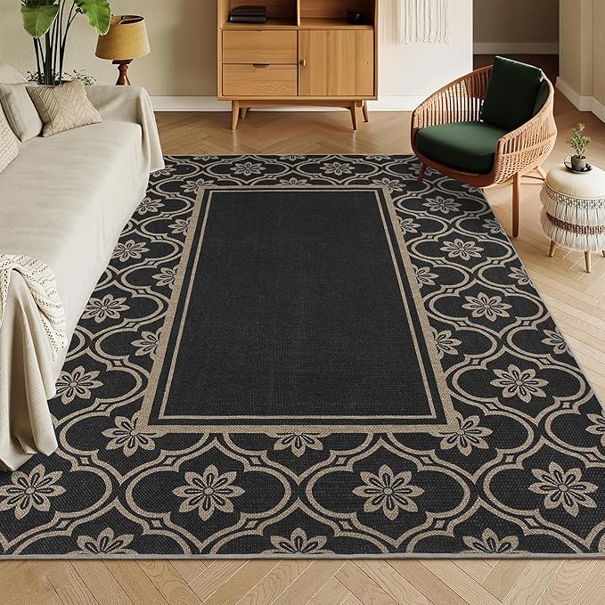 Moroccan Floral Easy Jute Rug 5x7 Outdoor Patio Rug Washable Area Rugs for Living Room Bedroom Non Slip Neutral Farmhouse Indoor Outdoor Carpet for Backyard Patio Office