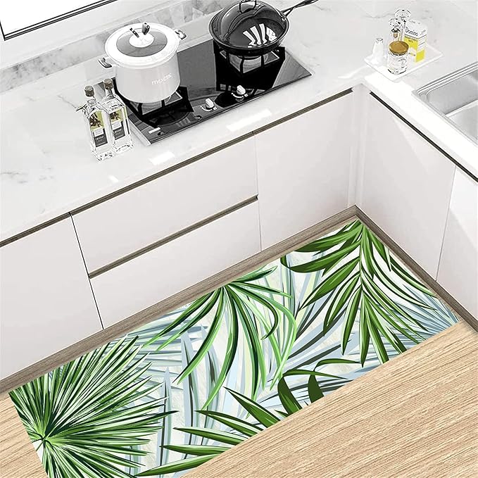 Hall Runner Rug 2.6x10 ft Non-Slip - Tropical Palm Leaves Design in Emerald Green - Easy Clean Washable Carpet for Hallway, Entryway, Bedroom - Durable Floor Decor