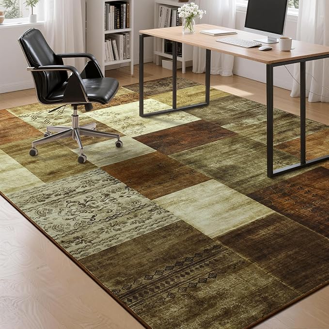 Tepook Modern Area Rug for Living Room, 4x6 Geometric Large Rugs for Bedroom, Washable Patchwork Rug Indoor Non-Slip Throw Carpets for Dining Room Office Farmhouse Home Decor, Brown