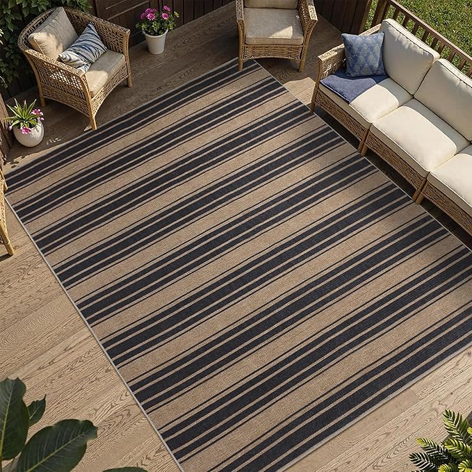 Striped Easy Jute Rug 6x9 Outdoor Rug Large Washable Rugs for Living Room Bedroom Non Slip Neutral Farmhouse Indoor Outdoor Carpet for Backyard Patio Office