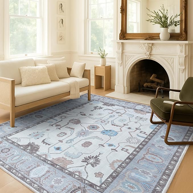 Fame Living Cream Grey Oushak Rug, Modern, Vintage, Turkish, Eclectic, Floral, Pastel, Washable, Extra Large Area Rugs for Living Room, Dining, Bedroom, Lounge, 9'x12'
