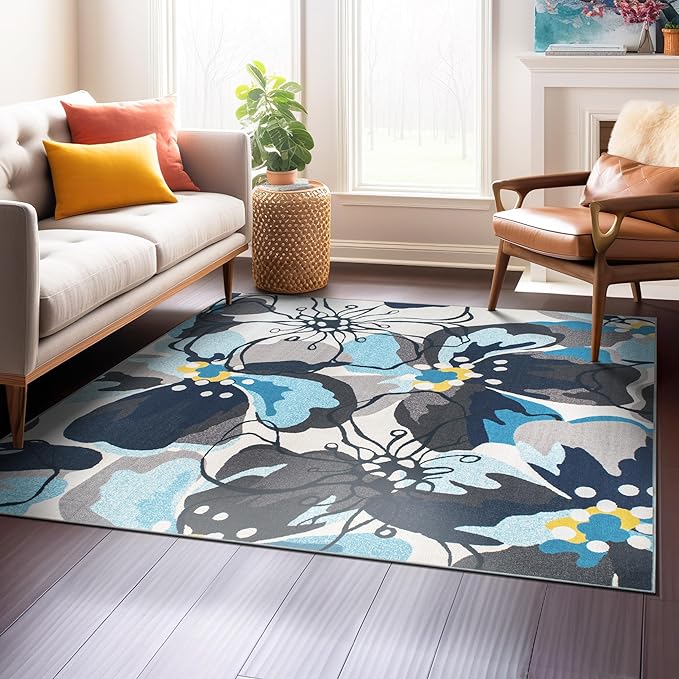 Rugshop Modern Large Floral Non-Slip (Non-Skid) Square for Living Room, Kitchen,Bedroom Area Rug 6'6" x 6'6" Gray