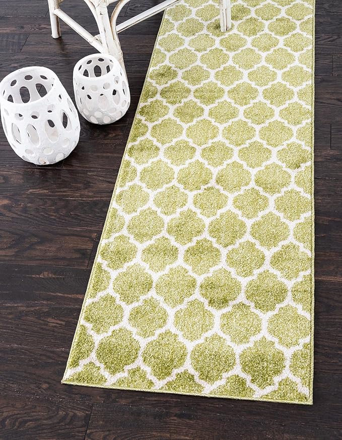 Rugs.com Lattice Collection Rug – 10 Ft Runner Light Green Medium Rug Perfect for Hallways, Entryways