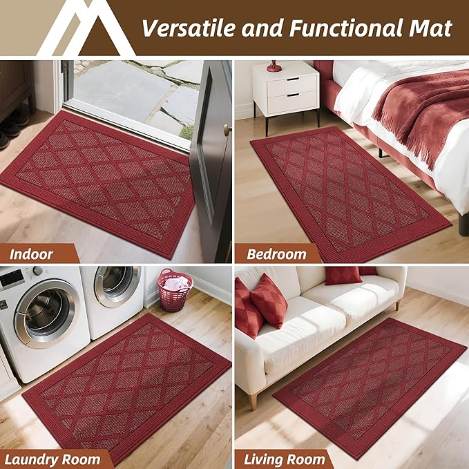 COSY HOMEER Non-Slip Door Mat 32"x48", Entryway Rugs Low Profile Absorbent Dirt Trapper Doormat for Front Entrance, Washable Polypropylene Entry Mat (Red)