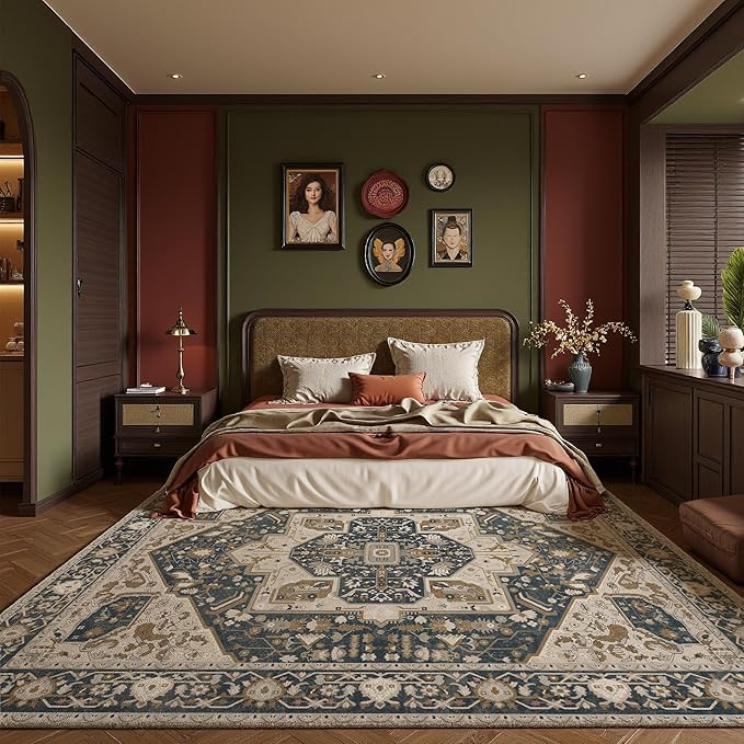 EnHomee 8x10 Area Rugs Washable for Bedroom, Boho Vintage Rugs, Foldable Area Rug for Dining Room, Non-Slip Soft Living Room Rug, Low Pile Large Carpet for Bathroom, Blue and Brown