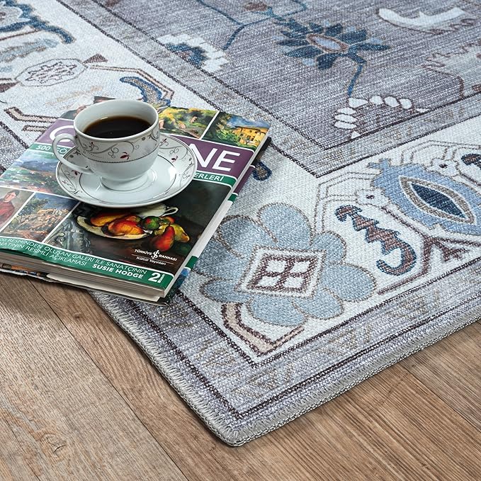 Fame Living Grey Oushak Rug, Modern, Vintage, Turkish, Eclectic, Floral, Pastel, Washable, Area Rugs for Living Room, Dining, Bedroom, Office, Entryway, Foyer, Playroom, Nursery, 5'x6'9"