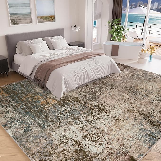Arbosofe Modern Abstract Rug for Living Room, 8'x10' Washable Area Rug with Non-Slip Backing & Short Pile, Large Carpet with Abstract Pattern for Living Room Bedroom and Dining Floor Carpet Brown
