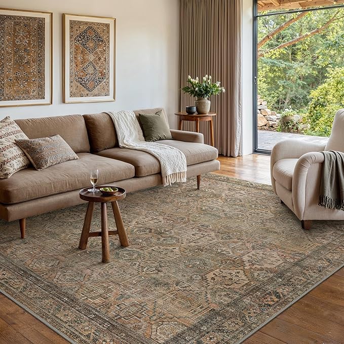 Bavni Washable Rug 9x12 Area Rug for Living Room Bedroom Dining, Washable Vintage Print Carpet, Ultra-Thin Chenille Low Pile Lightweight Rug with Non Slip Backing, Warm Taupe