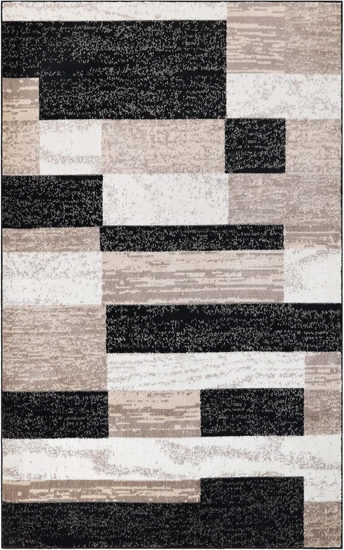 Superior Indoor Area Rug, Jute Backing, Plush Modern Rugs for Entryway, Kitchen Floors, Office Floor Cover, Color Block Rugs, Rockwood Collection, 7' x 9', Ivory/Beige