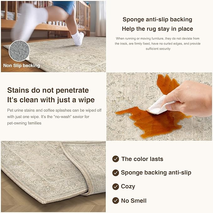HUGEAR 5x7 Machine Washable Area Rugs Vintage Beige - Neutral Living Room Bedroom Rug Non Slip Stain Resistant Low Pile Aesthetic Throw Carpet Kids & Pet Friendly