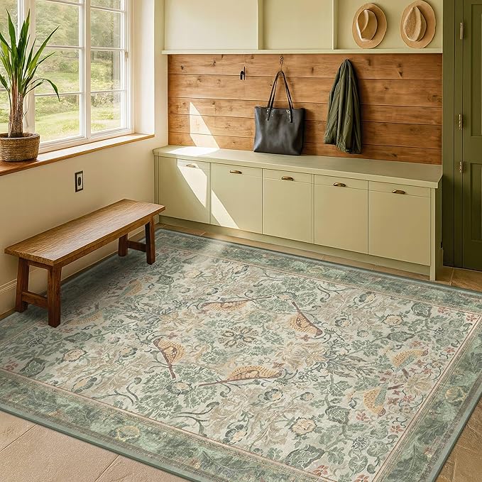 Washable Sage Green Area Rugs 5x7 for Living Room, Bedroom Bedside, Dinning Room, Office with Botanical Floral Bird Pattern, Muted Green Non Slip Stain Resistant Low Pile French Country Decor