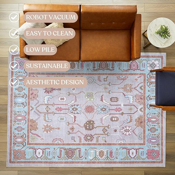 Fame Living Pink Oushak Rug, Modern, Vintage, Turkish, Eclectic, Floral, Pastel, Washable, Extra Large Area Rugs for Living Room, Dining, Bedroom, Lounge, 9'x12'