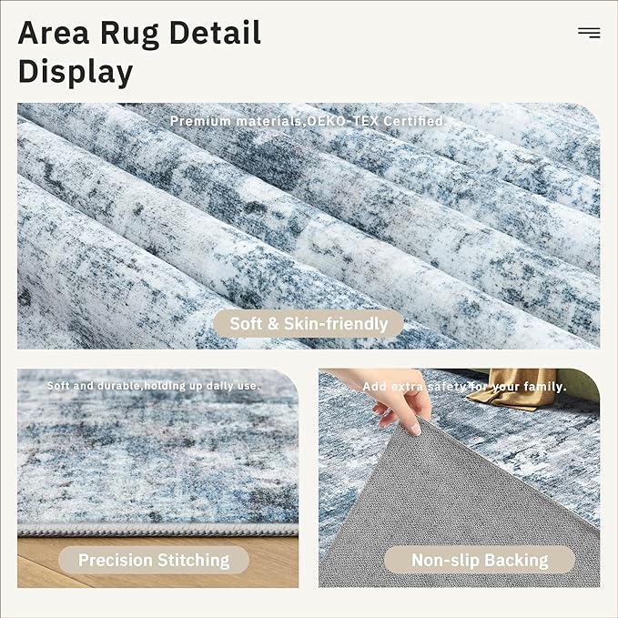 3x5 Rug, Small Area for Kitchen, Entryway, Machine Washable Non-Slip Throw Rug, Vintage Carpet for Nursery Coffee Table Blue