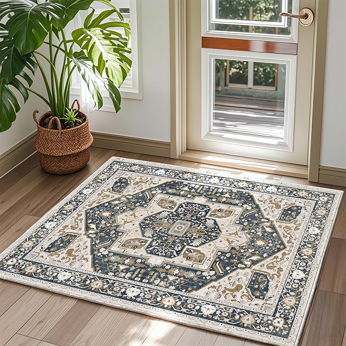 EnHomee 3x5 Washable Area Rugs for Bedroom, Boho Vintage Rugs, Foldable Area Rug for Dining Room, Non-Slip Soft Living Room Rug, Low Pile Large Carpet for Bathroom, Blue and Brown