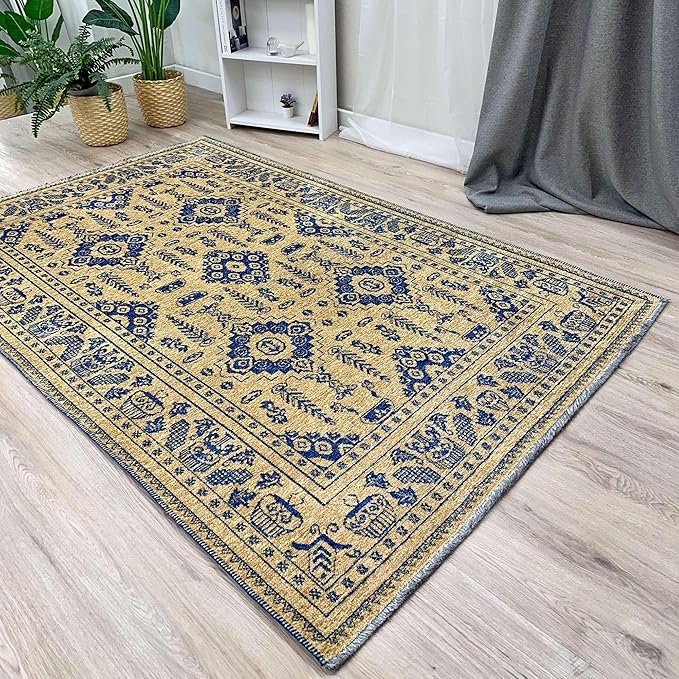 Alfa Rich 5x8 Gold Navy Blue Washable Area Rugs for Living Room Bedroom Kitchen Dining Cotton Rug