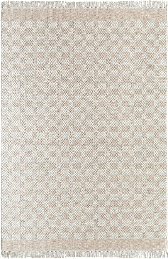 Mark&Day Wool Rugs, 4x6 Clinten Solid and Border Tan Checkered Rug, Tan Ivory Carpet for Living Room, Bedroom or Kitchen (3'6" x 5'6")